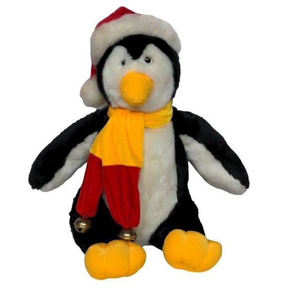 A Mart Christmas Penguin Santa Hat Scarf Jingle Bells Stuffed Animal 17.5"